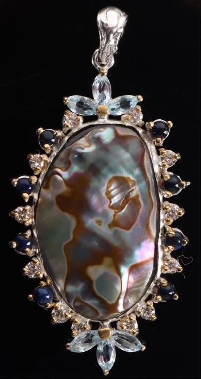 STERLING SILVER PENDANT MOP TOPAZ BLACK OPAL & CZ: Sterling silver ladies pendant featuring a large abalone shell mother of pearl stone with three 0.03ct marquise-cut topaz gemstones radiating from the top and bottom and an alternating pattern of blac