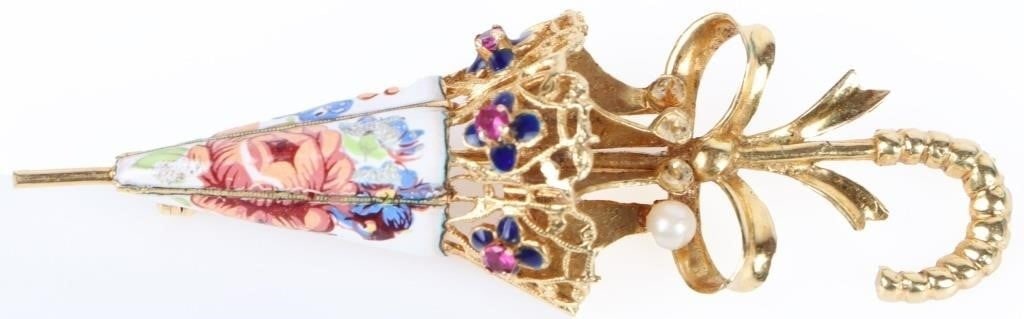 ANTIQUE 18K YELLOW GOLD UMBRELLA LADIES BROOCH (1 of 3)