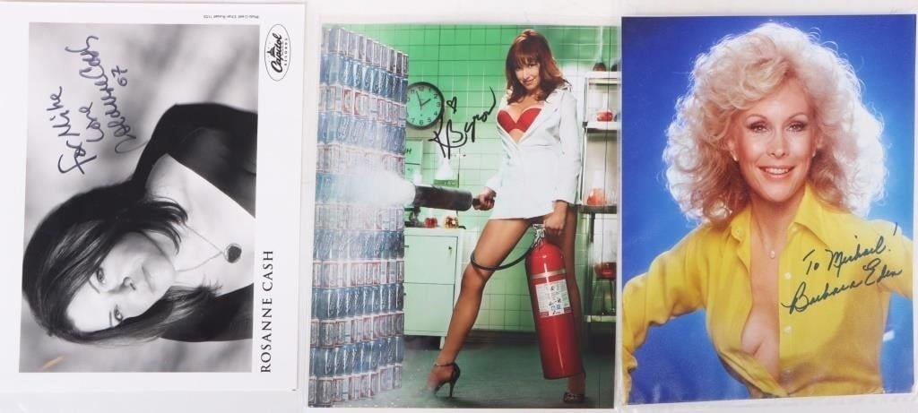 ASSORTED AUTOGRAPHED CELEBRITY PHOTOS W/ COA - (3): Assorted autographed celebrity photos with COAs to include: one Kari Byron Mythbusters autographed photo with COA, one Barbara Eden signed photo with COA, and one Rosanne Cash signed photo with COA.Si