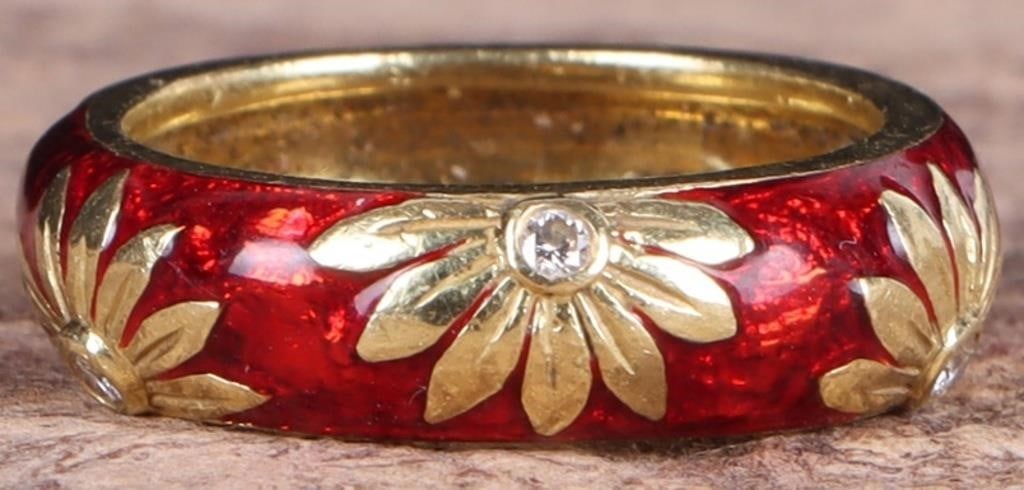 HIDALGO 18K YELLOW GOLD DIAMOND RED ENAMEL RING: Hidalgo 18K yellow gold diamond red enamel lily ladies ring. Gemstones to include three 0.02ct round cut natural diamonds. Diamonds tested natural via Gemlogis short wave UV fluorescence.Stone Type: D