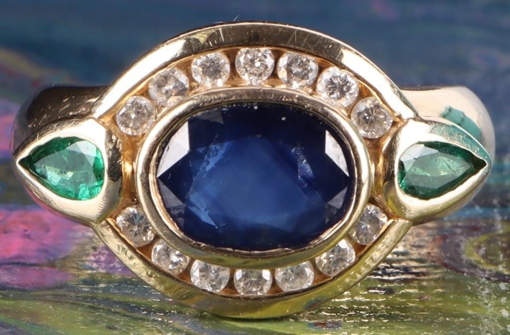 14K YELLOW GOLD LADIES RING W SAPPH EMERALD DIAS (1 of 4)