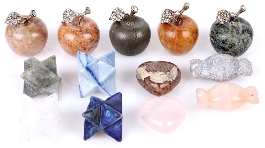 CHINESE ASSORTED GEMSTONE SHAPED BEADS - (13): Chinese assorted gemstone different-shaped beads to include the shapes apple, stars, hearts, and candy, and stones include rose quartz, lapis, onyx, quartz, jasper and more.Stone Type: AssortedWeight: