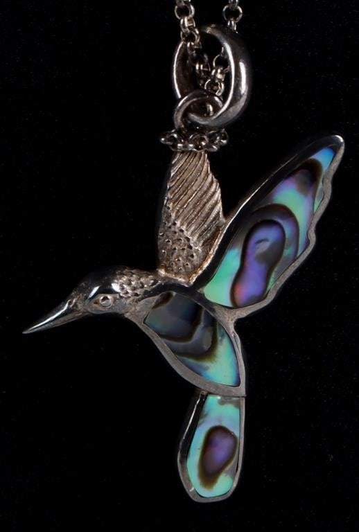 STERLING SILVER MOP HUMMINGBIRD NECKLACE+EARRINGS: Daniel Steiger-branded set of sterling silver hummingbird-themed jewelry, to include one pair of earrings and one necklace. Each feature mother of pearl. Includes original packaging.Stone Type: Mother
