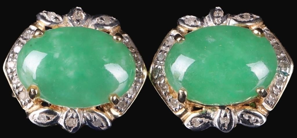 14K YELLOW/WHITE GOLD LADIES EARRINGS W/ JADE DIAS (1 of 4)