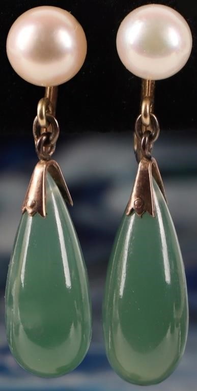 14K YELLOW GOLD LADIES EARRINGS W/ JADE & PEARL (1 of 2)