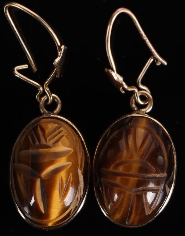 14K YELLOW GOLD LADIES EARRINGS W/ TIGERS EYE (1 of 2)