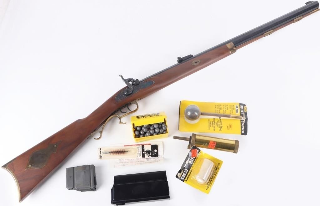 THOMPSON CENTER ARMS HAWKEN MUZZLELOADER .50 CAL: Thomson/Center Arms Hawken muzzleloader .50 cal. black powder musket. Serial no. 377773. Includes a sealed black powder cleaning brush, a sealed bullet starter, a sealed package of patches, a black po