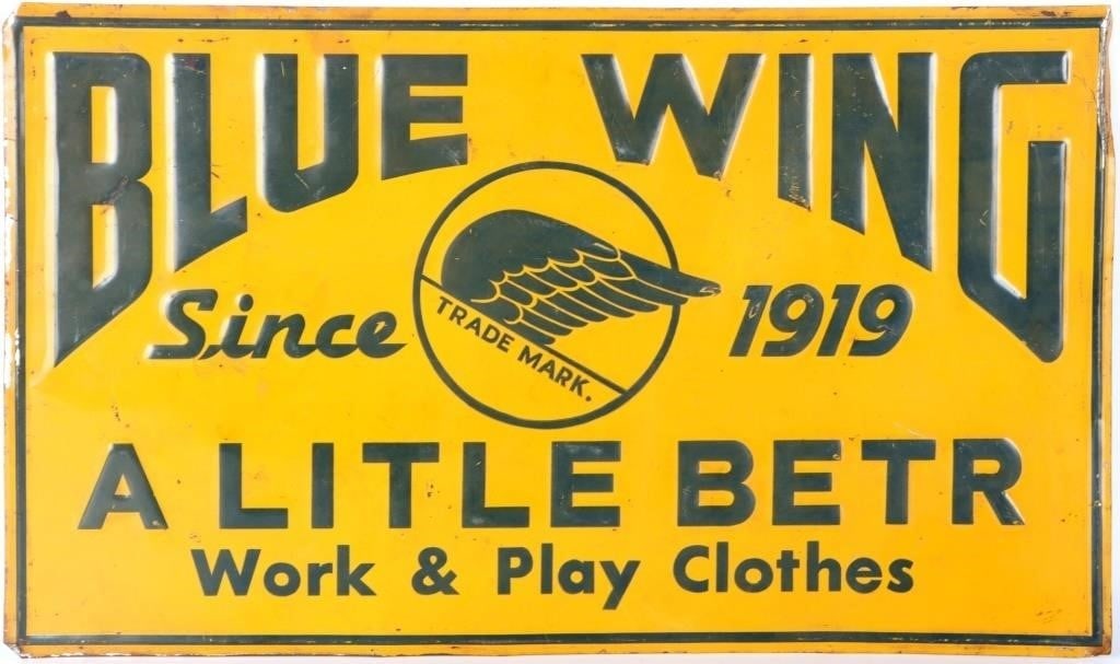 VINTAGE BLUE WING WORK & PLAY CLOTHES TIN SIGN: Vintage embossed tin advertising sign for Blue Wing clothes.Size: 20 X 11.75"Condition: See pictures.