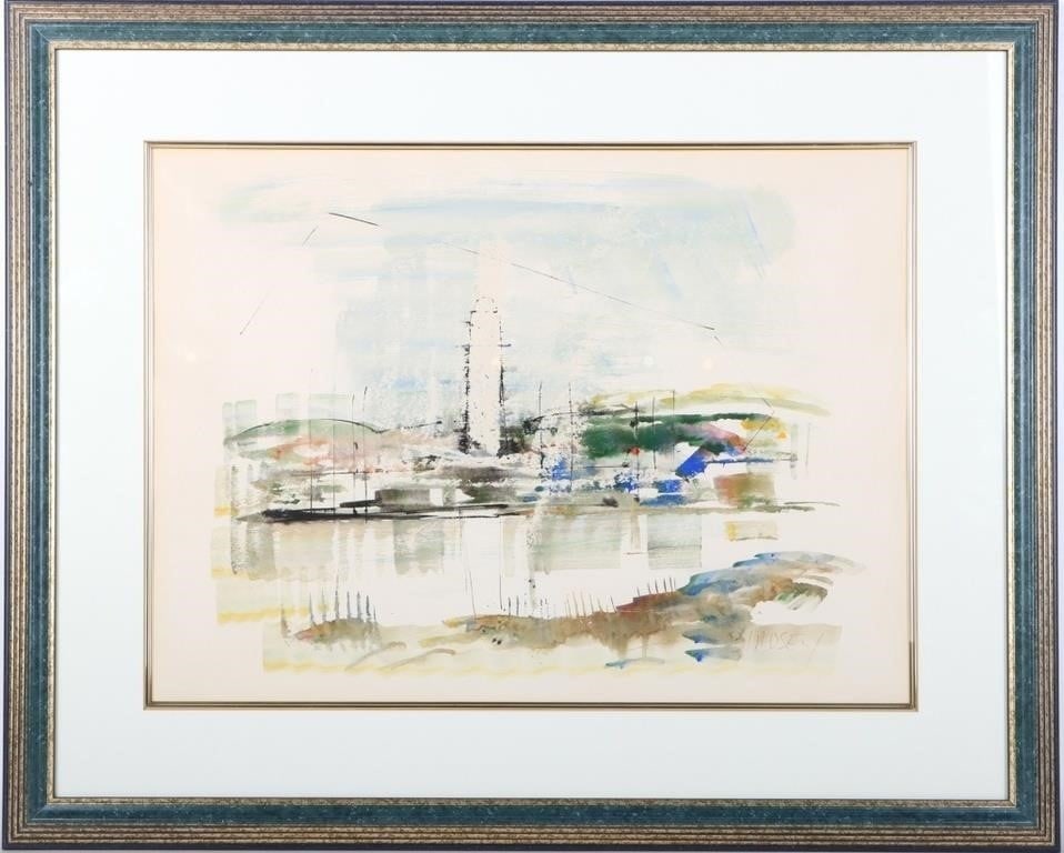BIRDSEY WATERCOLOR ON PAPER OF A LIGHTHOUSE FRAMED: Alfred Birdsey (English, 1912-1996) watercolor on paper of a lighthouse framed and signed. This beautiful piece features a watercolor of a lighthouse amidst a hilly region and a body of water. Alfred