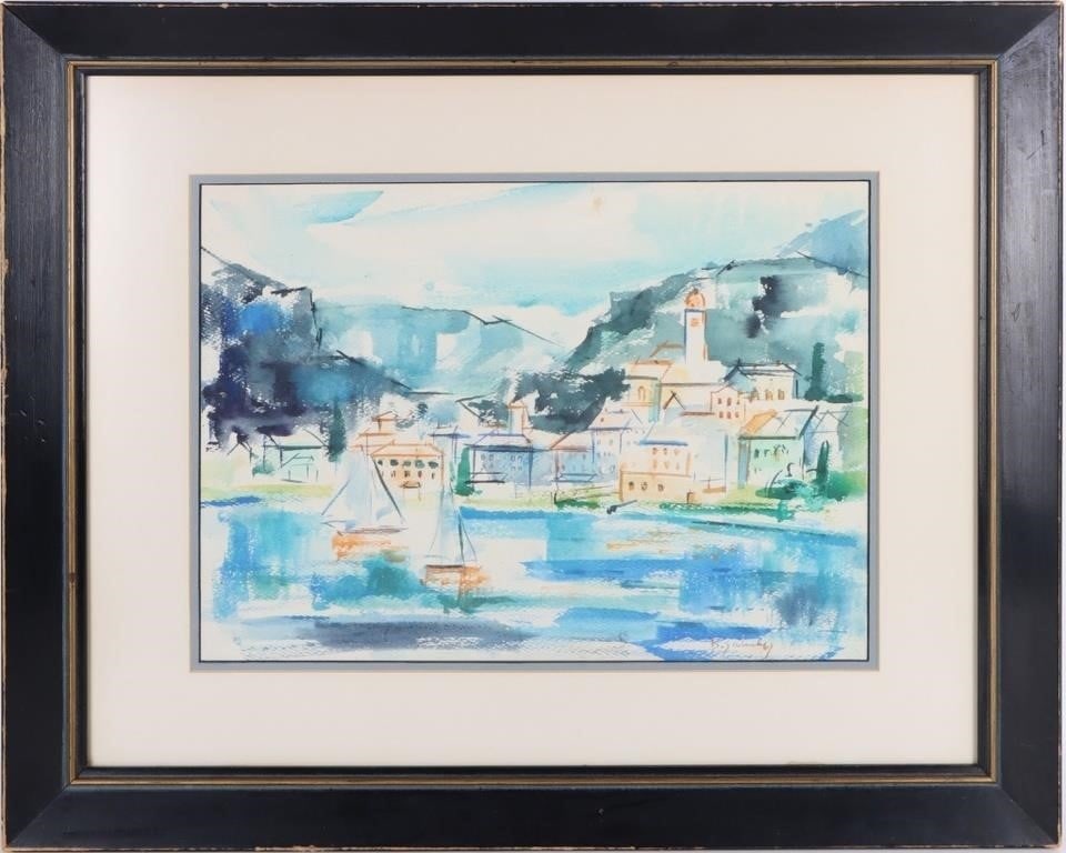 BERNARD ZALUSKY WATERCOLOR LANDSCAPE: Bernard Zalusky (1921-1993, American) Watercolor and Marker landscape. Portraying an seaside town.Size: 16 X 13". 25 X 21" Framed.Condition: Very fine. See images.