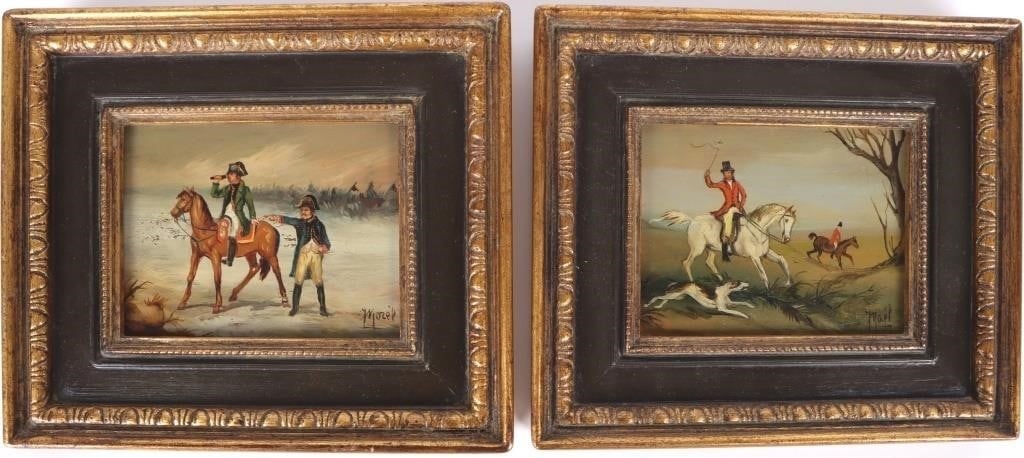 EMILE MOREL 'RIDERS' OIL ON COPPER FRAMED ART (2): Emile Morel (1918-?) "Riders" oil on copper framed. This piece consists of two 7.75" X 6,75" painted copper boards depicting two scenes of riders on a horse, one amidst a battle, the other in the