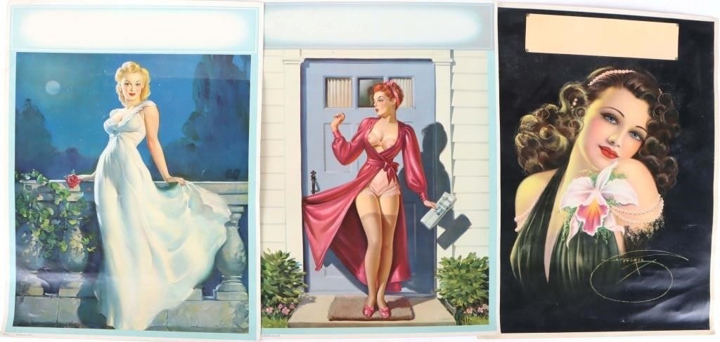 VINTAGE 1950's PIN-UP LITHOS ELVGREN DEVORSS (3): Lot of three vintage 1940's-50's lithographs of pin-up painting. Lot includes "Dream Girl" and "A Grand Slam" by Gil Elvgren (Copr. C. Moss 1943 for both) and "Girl with Orchid" by Billy Devorss (Copr