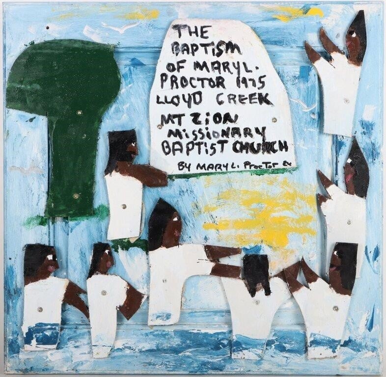 MARY L. PROCTOR 'BAPTISM OF MARY' OIL ON DOOR: Mary Louise Proctor (American, 1960-Present) "Baptism of Mary L. Proctor" oil on cabinet door collage. This piece features a visual of Mary L. Proctor's baptism in 1975 in Lloyd Creek Mt. Zion Mission