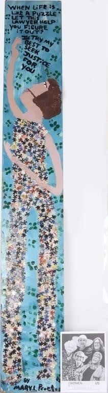 MARY L. PROCTOR 'PUZZLE LAWYER' OIL ON BOARD: Mary Louise Proctor (1960-Present) "When Life is Like A Puzzle, Let This Lawyer Help Out" oil on door. This piece features a white women/ man adorned with a puzzle piece composite one piece along with