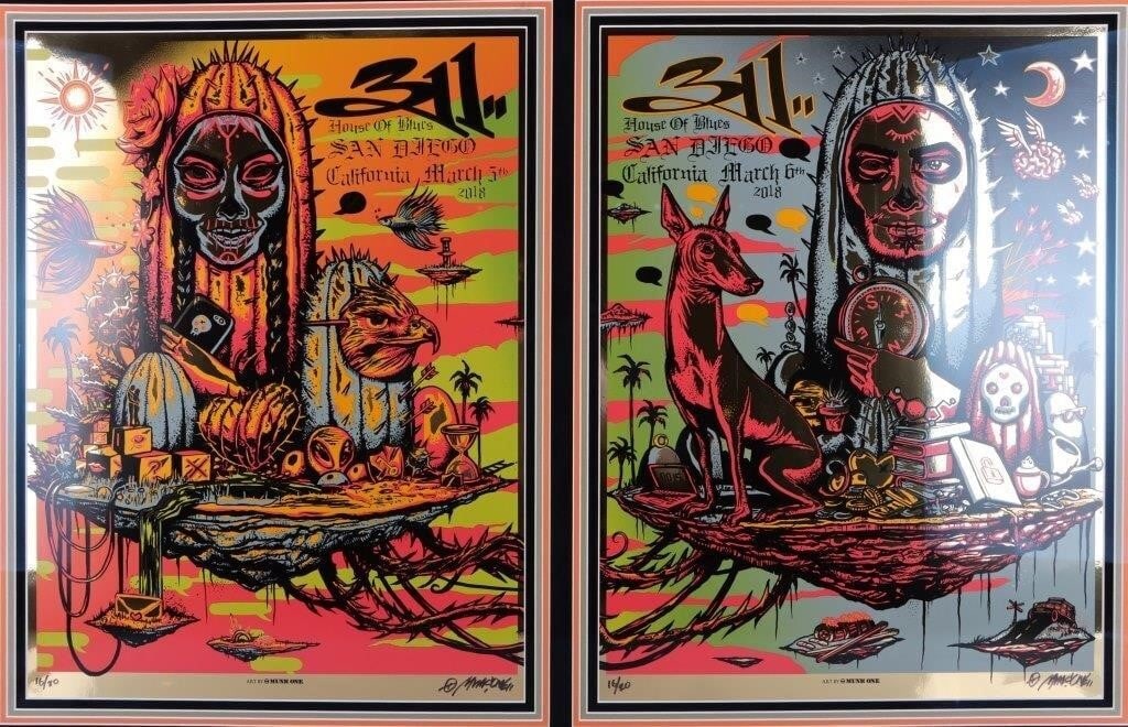 MUNK ONE SIGNED LTD ED. FRAMED ART PRINT POSTERS: Munk One signed limited edition 311 art print posters art piece. This piece consists of 2 posters that have matted and framed together. The poster on the left is signed and limited to 20 (16/20). The