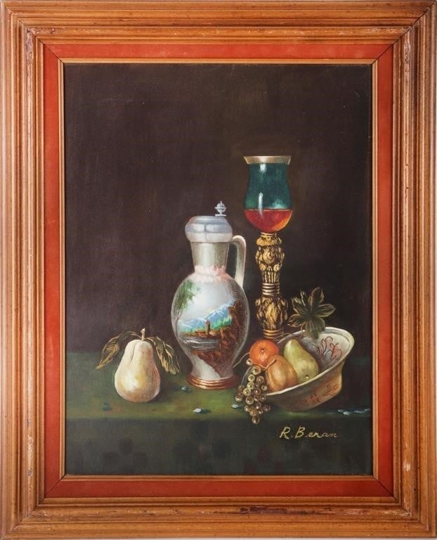 ORIGINAL R. BERAN STILL LIFE OIL PAINTING 21 X 17': Original R. Beran still life oil painting. This beautiful painting has dark elements and high color contrast.Size: 16.5 X 20.5"Condition: Very fine.
