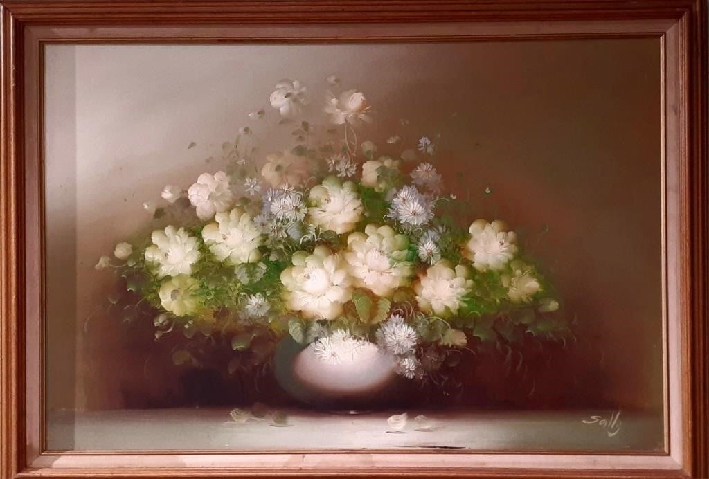 SALLY SIGNED STILL LIFE ORIGINAL OIL PAINTING: Sally signed original still life floral oil painting. Framed and signed lower right.Size: 24" X 36" , 29" X 41" framedCondition: Very fine
