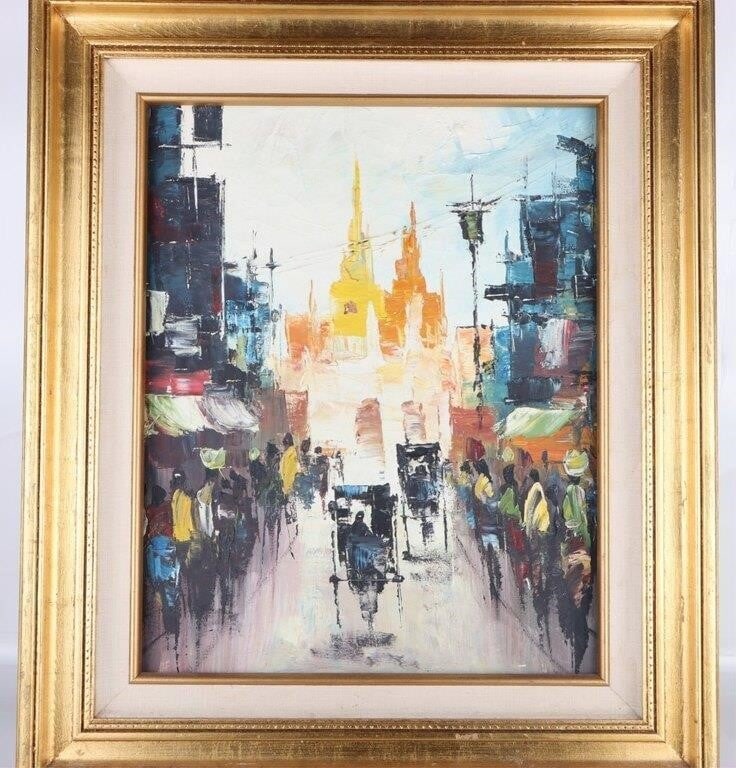 HONG KONG IMPRESSIONIST PALETTE KNIFE OIL PAINTING: Original Hong Kong impressionist palette knife oil painting with colorful designs. Painting has no signature.Size: 15.5 X 19.5" 23.5 X 27.5" FramedCondition: Gently used. See images for complete condi