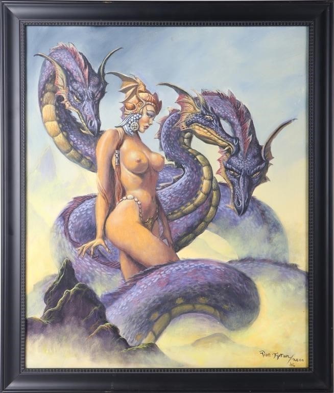 VON TIPTON OIL ON CANVAS OF A NUDE WOMAN & DRAGONS: Von Tipton oil on canvas fantasy painting of a nude woman & dragons.Size: 23.00" X 27.00"Condition: Very fine.