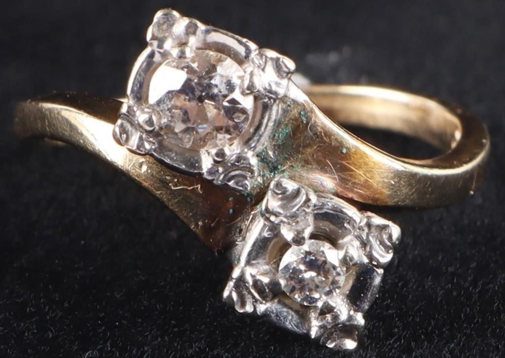 14K YELLOW/WHITE GOLD LADIES RING W/ TWO DIAMONDS (1 of 4)