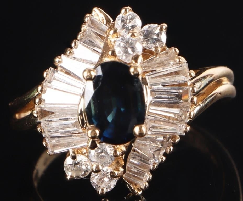 14K YELLOW GOLD LADIES RING W/ BLUE SAPPH & DIAS (1 of 4)