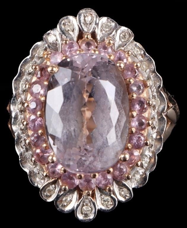 7.5CT ROSE DE FRANCE AMETHYST 14K YELLOW GOLD RING: 14k yellow gold ladies ring with a 7.5ct diamond oval-cut Rose de France pink amethyst center stone surrounded by twenty-two 0.03ct rount-cut rose topaz gemstone in turn surrounded by twenty-two melee