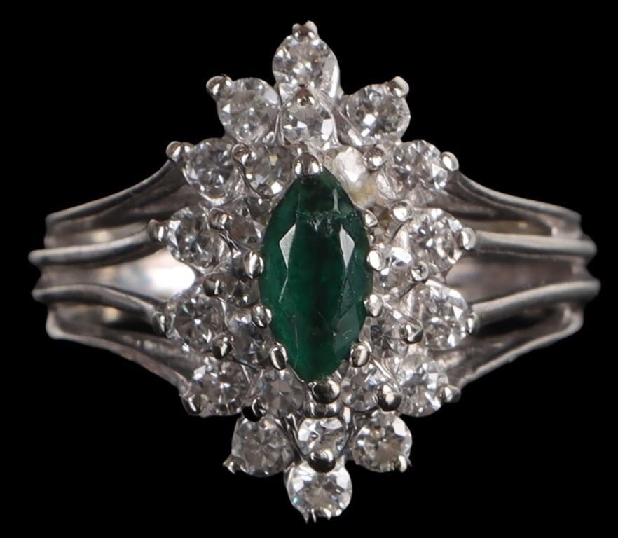 14K WHITE GOLD EMERALD NATURAL DIAMOND LADIES RING (1 of 3)