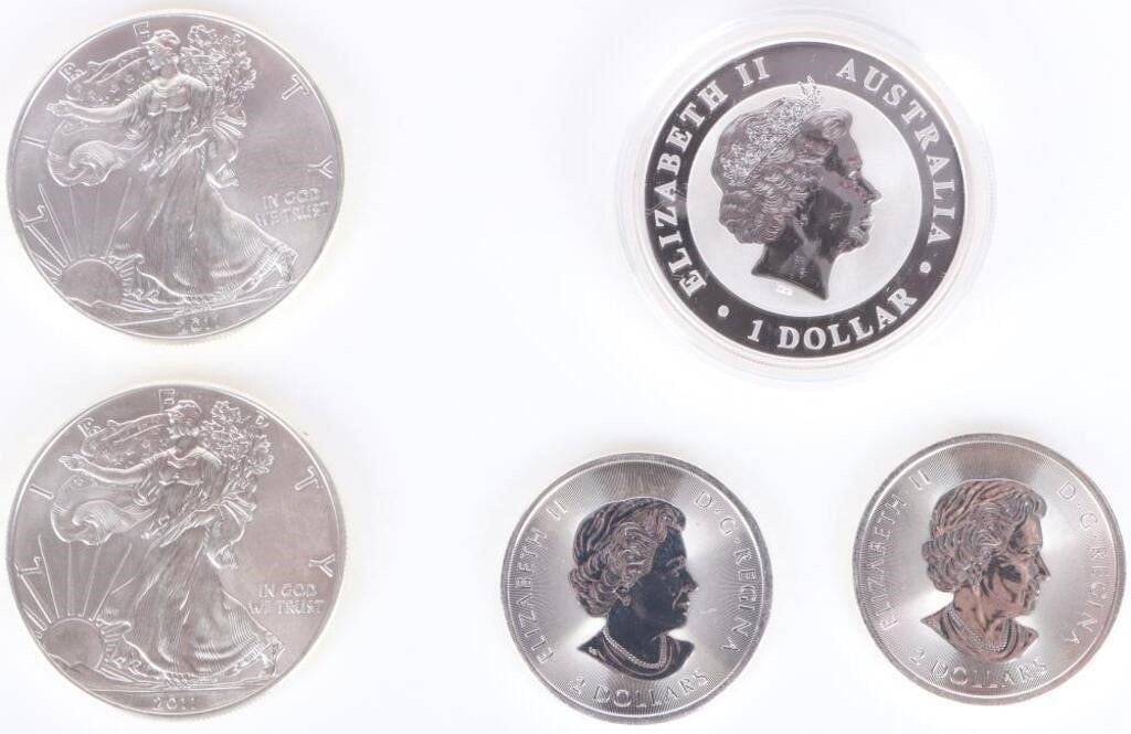 ASSORTED FINE SILVER 1 & 1/2OZT BULLION COINAGE(5) (1 of 8)