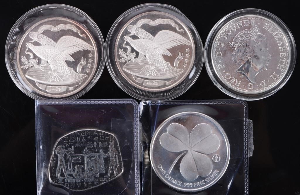 ASSORTED FINE SILVER UNCIRCULATED ROUNDS - (5): Five assorted fine silver uncirculated rounds.Weight: 155.52 GramsCondition: Mint State uncirculated.