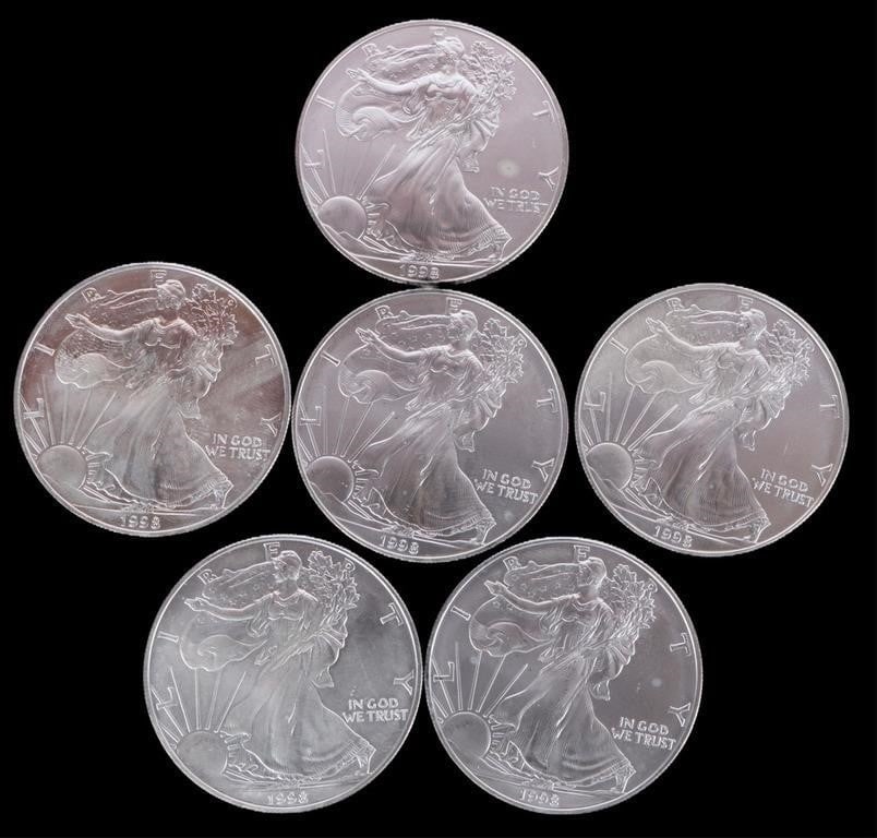 FINE SILVER 1998 UNCIRCULATED AMERICAN EAGLES -(5): Five fine silver 1998 uncirculated American Eagles.Weight: 155.52 GramsCondition: Mint State uncirculated.