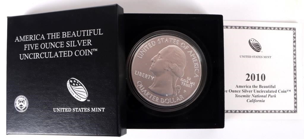 FINE SILVER 5 OZT 2010 AMERICA THE BEAUTIFUL COIN: Fine silver 5 Troy ounce 2010 Philadelphia Mint America The Beautiful Yosemite National Park California bullion coin.Weight: 155.52 GramsCondition: Mint State uncirculated.