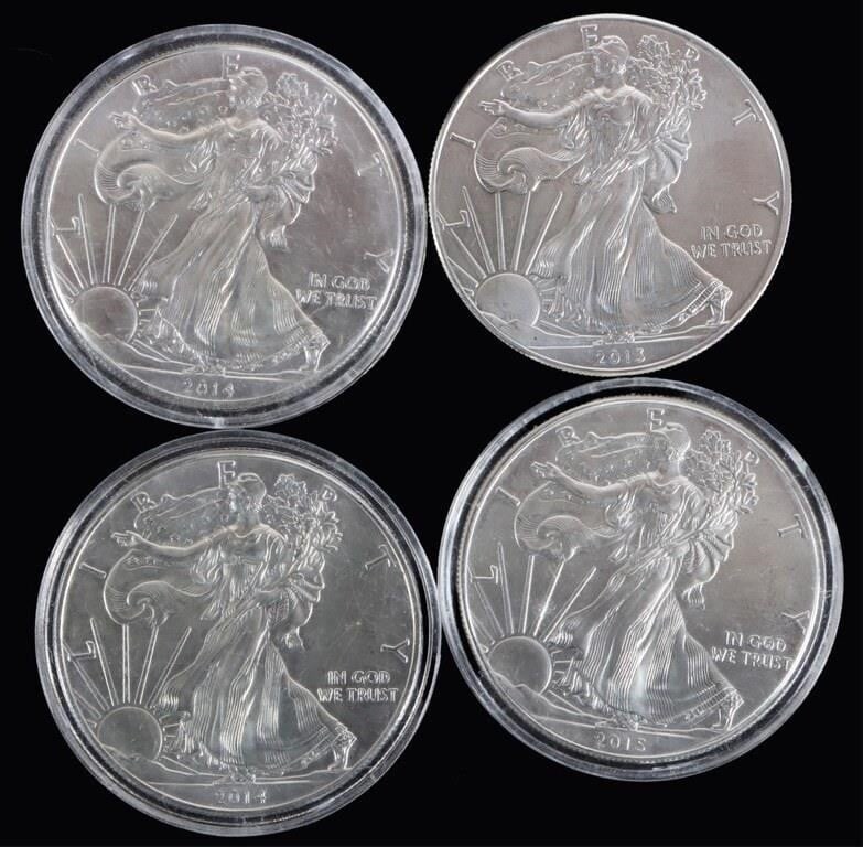 FINE SILVER ASSORTED AMERICAN EAGLE COINS - (4): Four fine silver assorted American Eagle bullion coinage.Weight: 124.416 GramsCondition: Mint State uncirculated.