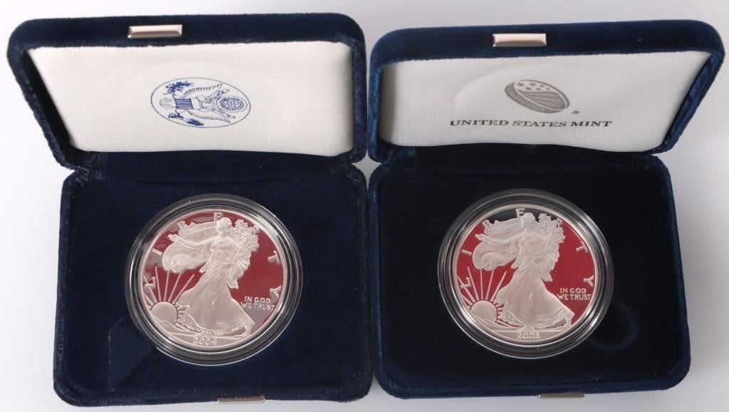 FINE SILVER PROOF 2003 & 2004 W AMERICAN EAGLES: 2003 & 2004 W Proof fine silver American Eagles with boxing. 2004 has a COA.Weight: 62.202 GramsCondition: Mint State uncirculated.