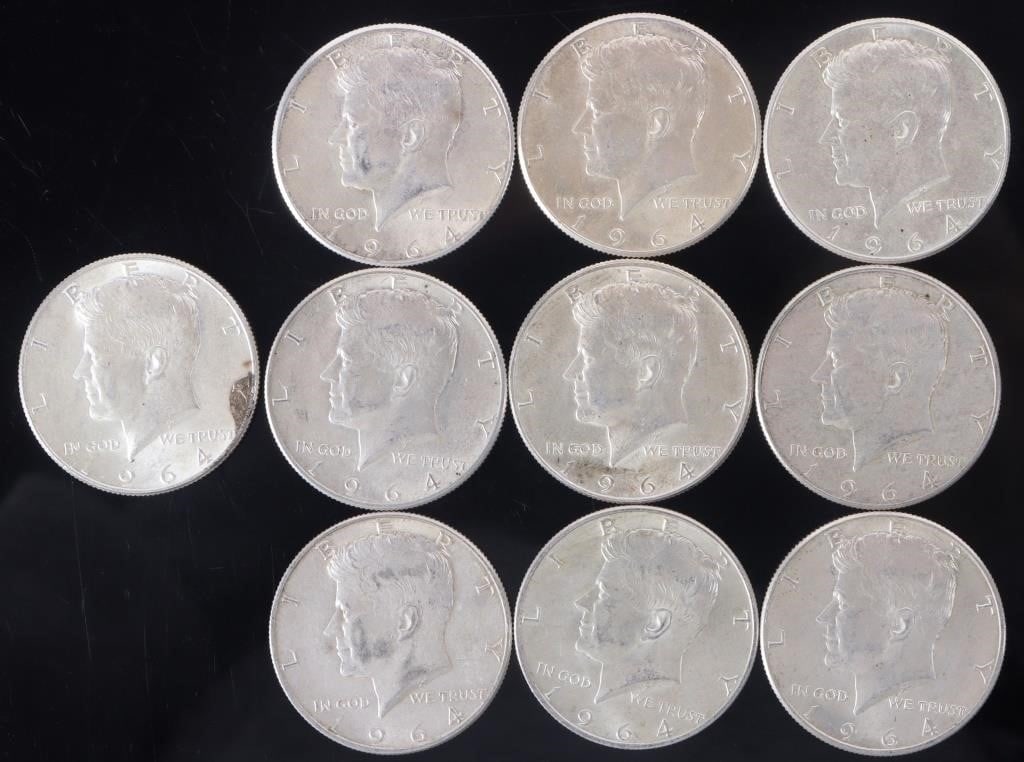 90% SILVER 1964 KENNEDY HALF DOLLARS - (10): Ten 90% silver 1964 Kennedy Half Dollars.Weight: 125.00 GramsCondition: Around Extremely Fine to Almost Uncirculated.