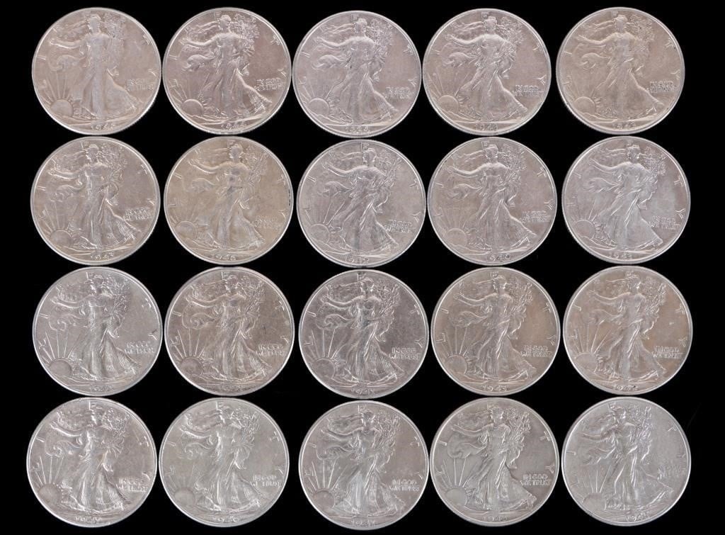 90% SILVER WALKING LIBERTY HALF DOLLARS ROLL OF 20: 90% silver Walking Liberty Half Dollars roll of 20.Weight: 250.00 DollarsCondition: Around Good to Very Fine.