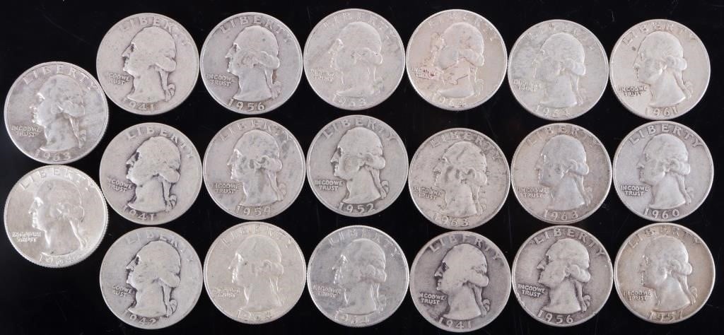 90% SILVER WASHINGTON QUARTERS ROLL OF 20: 90% silver Washington Quarter roll of 20.Weight: 125.00 GramsCondition: Ranges from Good to Extremely Fine.