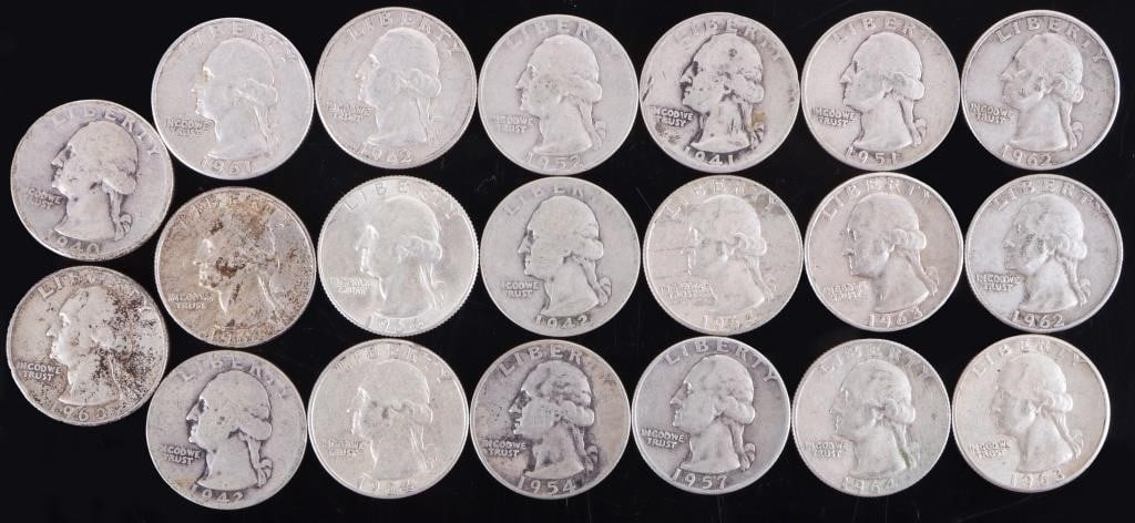 90% SILVER WASHINGTON QUARTERS ROLL OF 20: 90% silver Washington Quarter roll of 20.Weight: 125.00 GramsCondition: Ranges from Good to Extremely Fine.