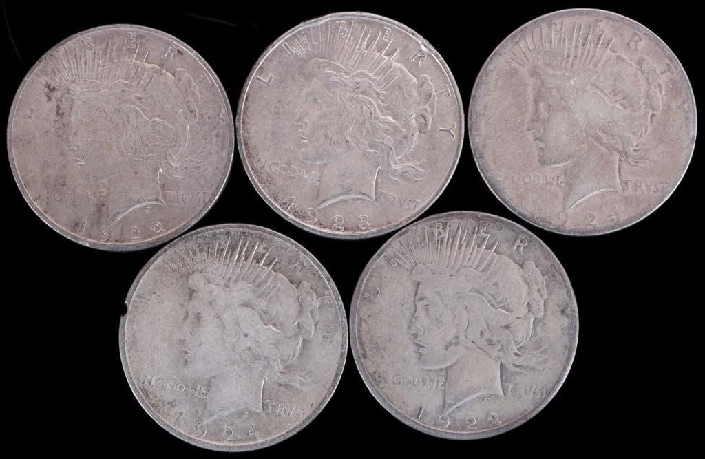 ASSORTED 90% SILVER LIBERTY PEACE DOLLARS - (5): Assorted 90% silver Liberty Peace Dollars.Weight: 132.46 GramsCondition: Ranges from Good to Extremely Fine.