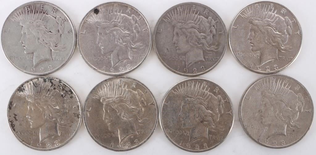 ASSORTED 90% SILVER LIBERTY PEACE DOLLARS - (8): Eight assorted 90% silver Liberty Peace Dollars.Weight: 213.84 GramsCondition: Ranging from Very Fine to Mint State uncirculated.