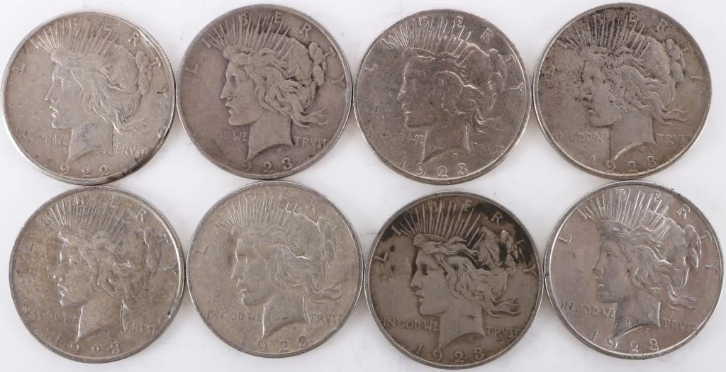 ASSORTED 90% SILVER LIBERTY PEACE DOLLARS - (8): Eight assorted 90% silver Liberty Peace Dollars.Weight: 213.84 GramsCondition: Ranging from Very Good to Mint State uncirculated.
