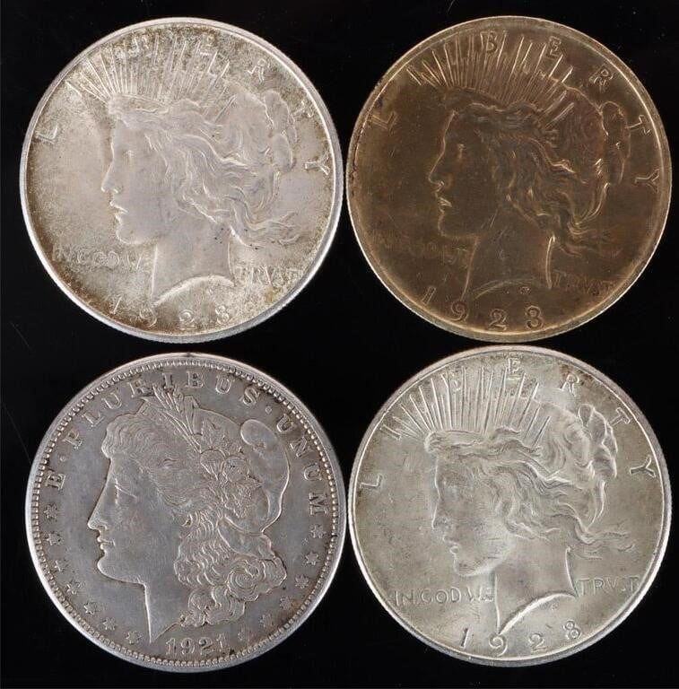 ASSORTED 90% SILVER MORGAN/ PEACE DOLLARS - (4): Assorted 90% silver Morgan/ Peace Dollars to include three Peace Dollars and one Morgan Dollar.Weight: 106.92 GramsCondition: Ranges from Fine to Extremely Fine.