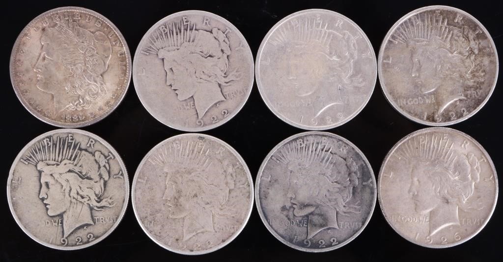 ASSORTED 90% SILVER MORGAN/PEACE DOLLARS - (8) (1 of 2)