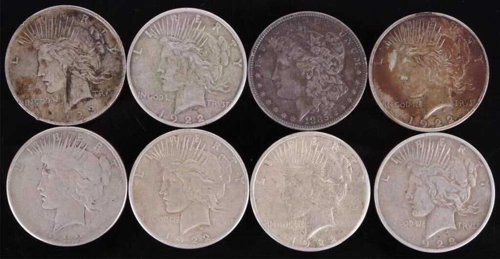 ASSORTED 90% SILVER MORGAN/PEACE DOLLARS - (8) (1 of 2)