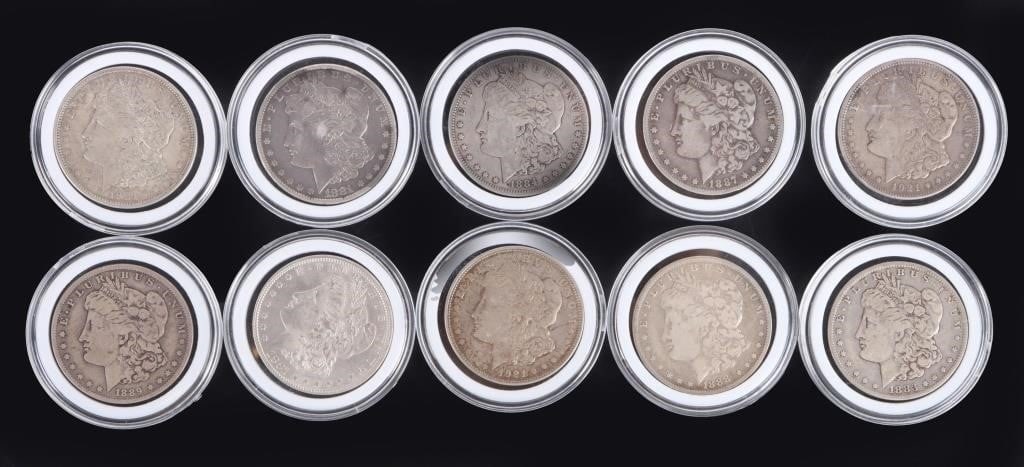 TEN ASSORTED 90% MORGAN SILVER DOLLARS: Ten assorted 90% Morgan Silver Dollars. Condition for each coin ranges from G to MS.Weight: 267.30 GramsCondition: Ranges from Good to Mint State uncirculated.