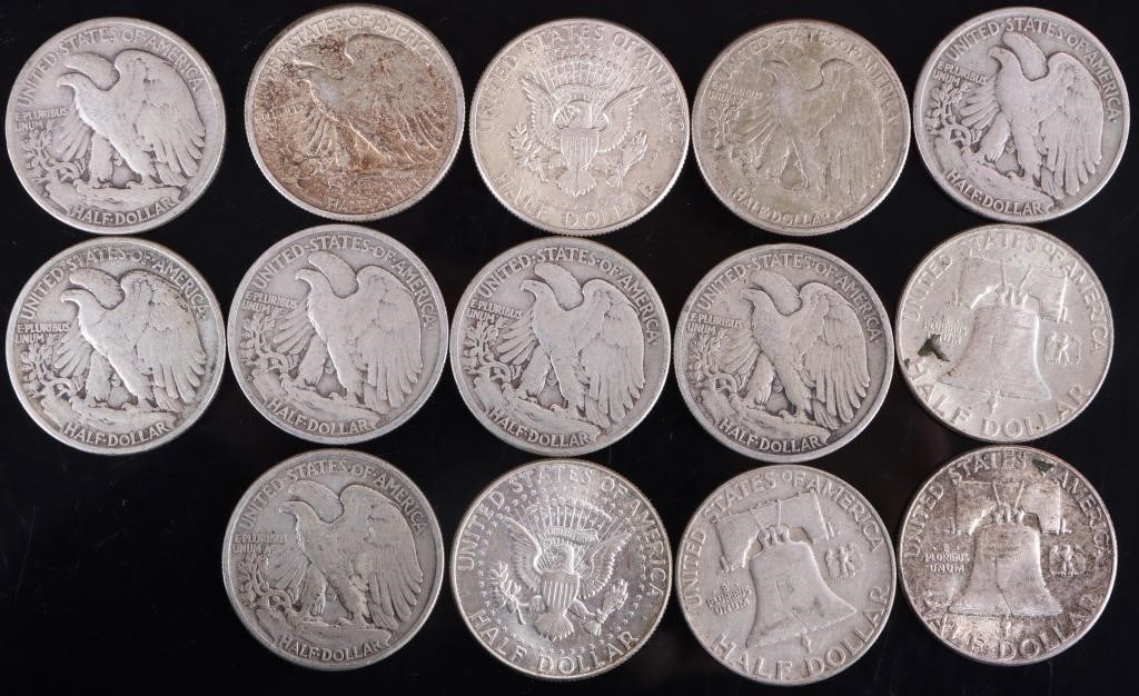 ASSORTED 90% SILVER U.S. HALF DOLLARS - (14) - 2