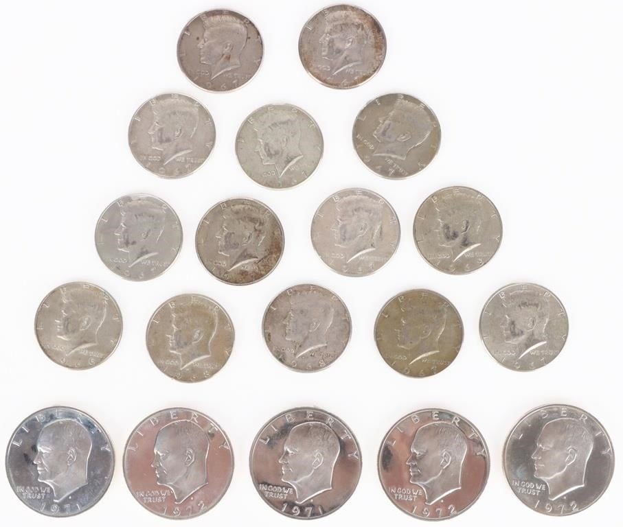 40% SILVER KENNEDY HALVES & IKE DOLLARS - (19): 40% silver Kennedy Halves & Eisenhower Proof Dollars to include five 1971-72 S PF Eisenhower Dollars and fourteen 1965-69 Kennedy Half Dollars.Weight: 288.40 GramsCondition: Proof uncirculated &