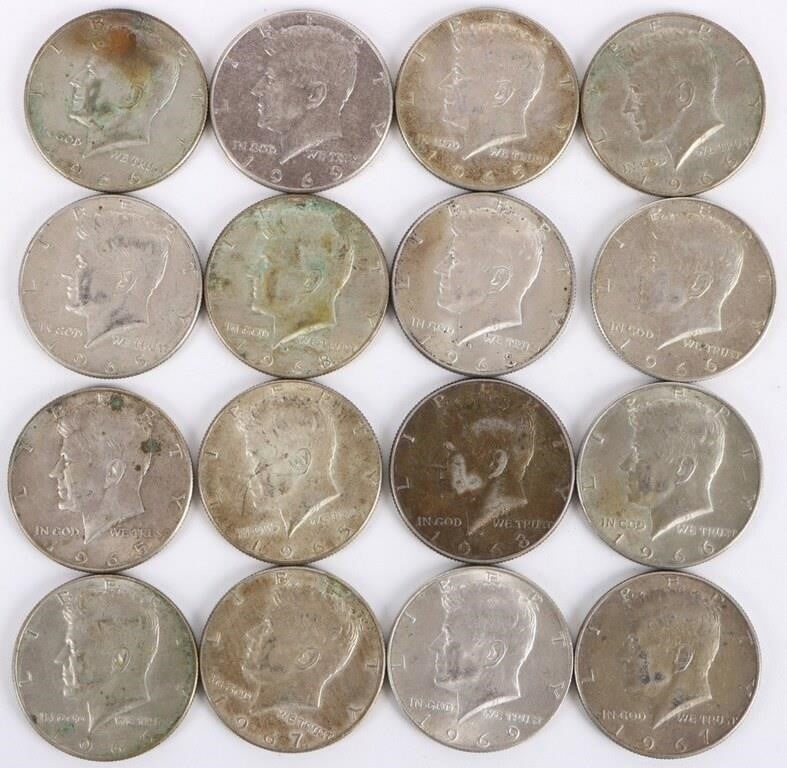 ASSORTED 40% SILVER KENNEDY HALF DOLLARS - (16): Sixteen assorted 40% silver 1965-1969 Kennedy Half Dollars.Weight: 200.00 GramsCondition: Around Fine to Almost Uncirculated.