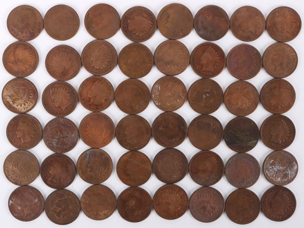 ASSORTED COLLECTIBLE INDIAN HEAD PENNIES - (48): Forty-eight assorted collectible Indian Head pennies.Weight: 149.28 GramsCondition: Ranges from Good to Very Fine.