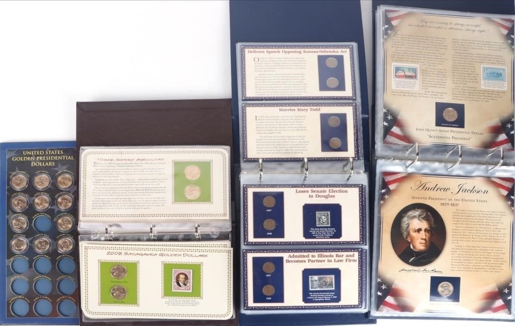 ASSORTED U.S. PCS STAMP & COIN BOOKLETS - (4): Assorted U.S. PCS Stamp & Coin booklets to include one Lincoln Coins & Stamps of 100 Years booklet mostly filled, one Collection of Uncirculated Golden Sacagawea Dollars near complete, one U.S.