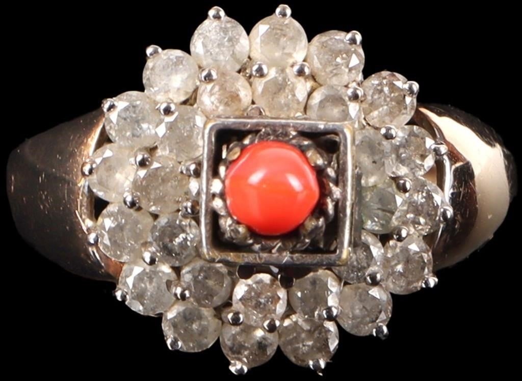 1.16CTW DIA 10K YELLOW/WHITE GOLD RING W RED CORAL: 10k yellow/white gold ring with a small red coral center stone and two rings of round-cut accessory diamonds, one inner ring with twelve 0.03ct diamonds, and one outer ring with sixteen 0.05ct